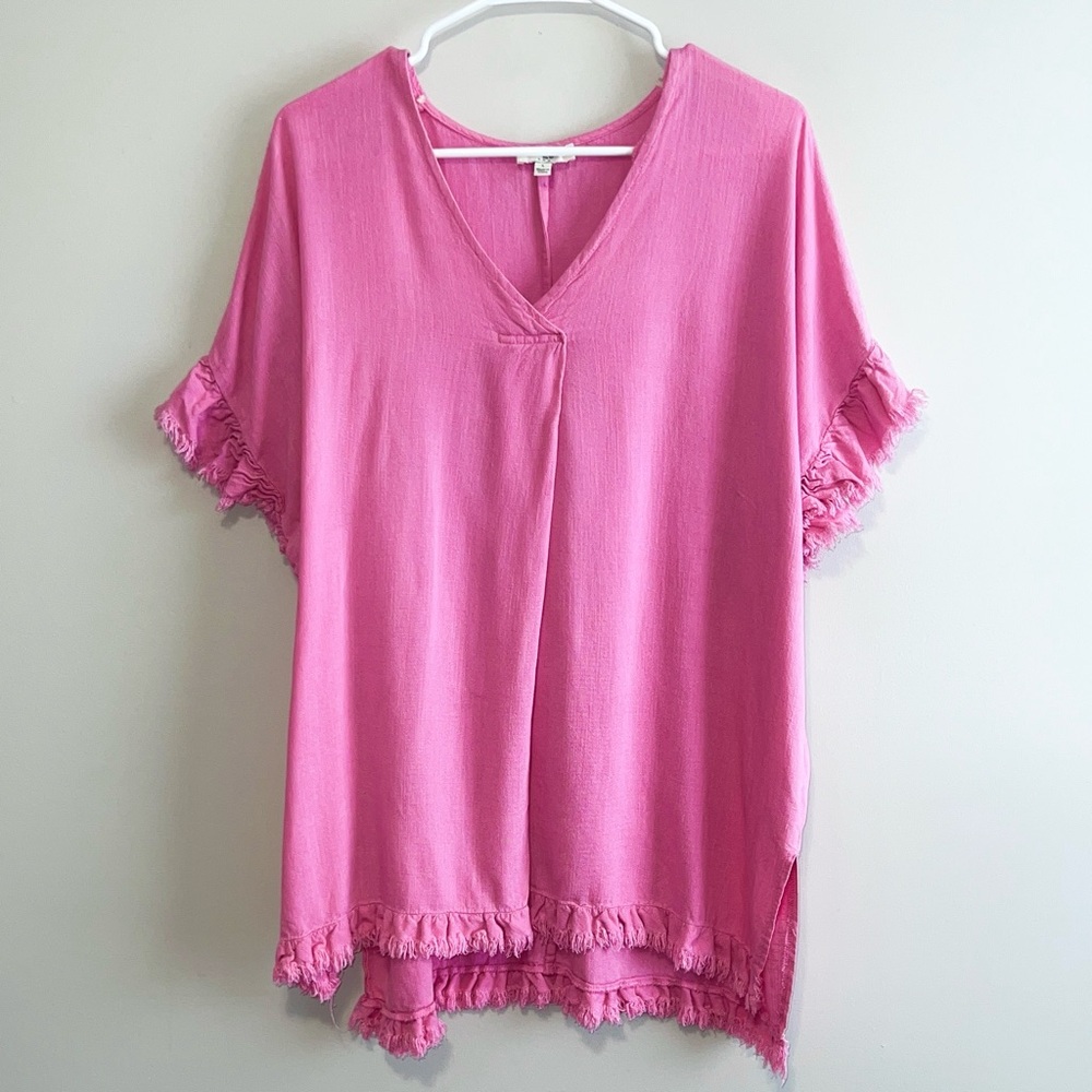 Umgee Linen Blend Fringe Edge Oversized Top